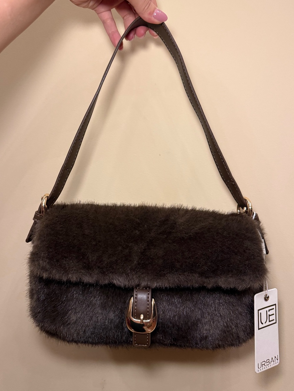 NWT Urban Expressions Chocolate Brown Faux Fur Fuzzy Gold Buckle Shoulder Bag